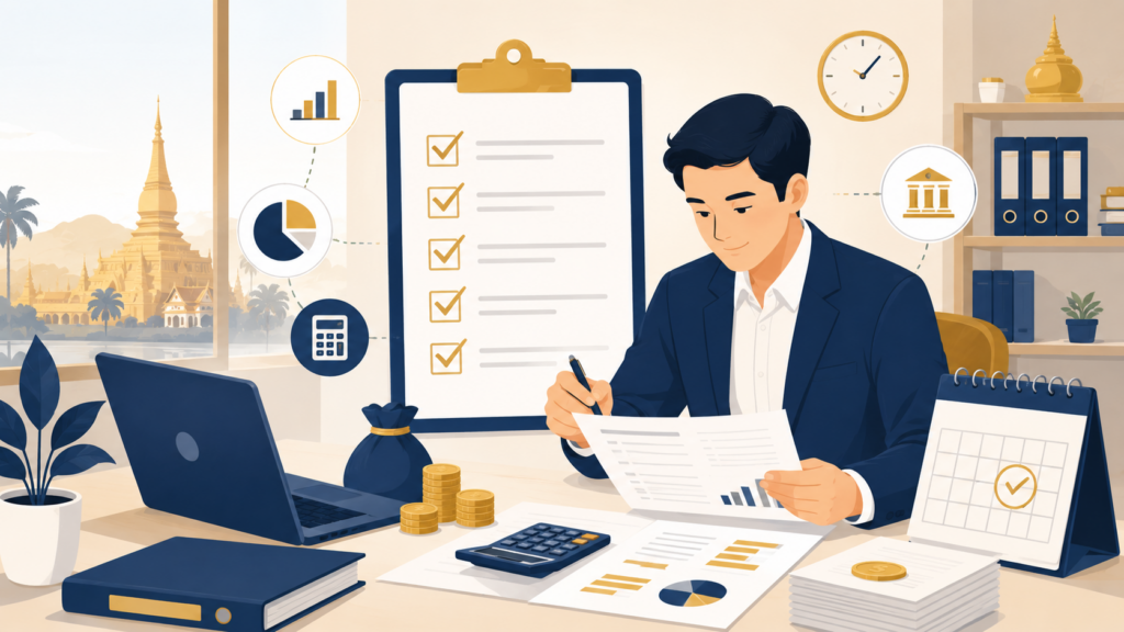 Illustration of an accountant reviewing a tax compliance checklist and financial documents